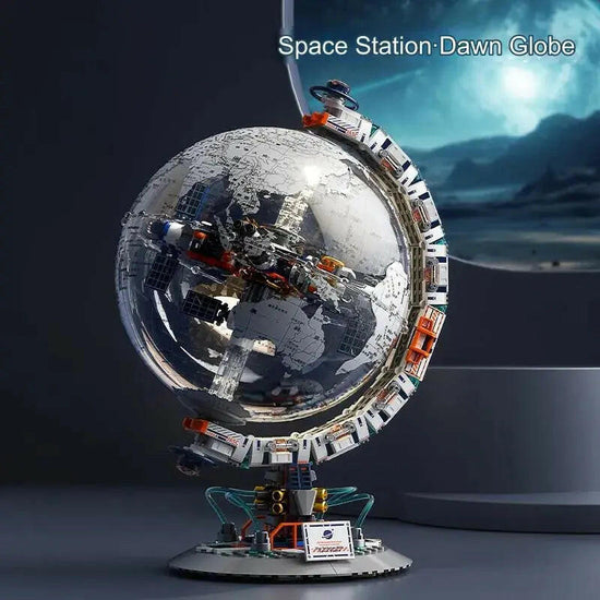 RBrickstem 3D world globe building kit featuring a detailed space station dawn globe model toy