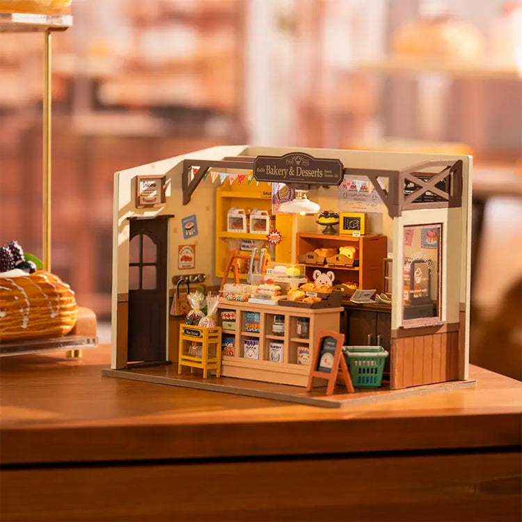 DIY miniatyrhus barn bakery set från Dropshipman med detaljerad inredning och små möbler