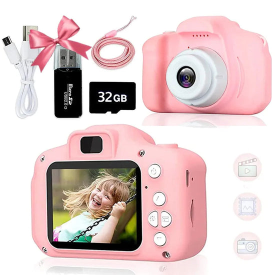 OBA kids digital camera i rosa med skärm, 32 GB minneskort och USB-kabel för barn