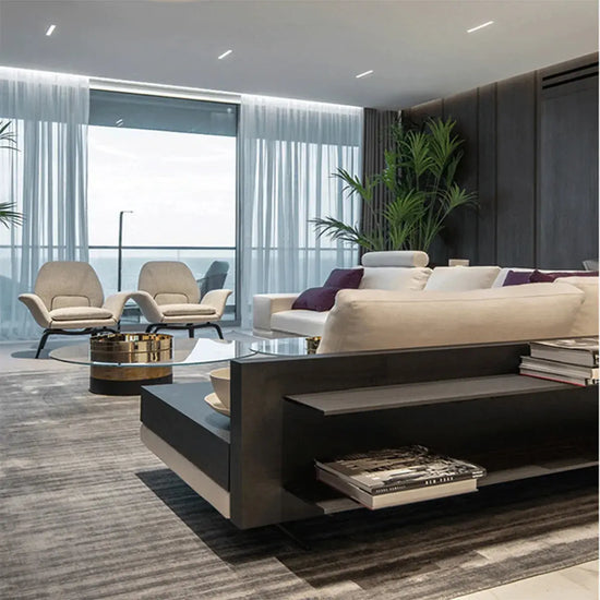 Modern LED ceiling light 40W recessed in a stylish living room with white sofas and large windows