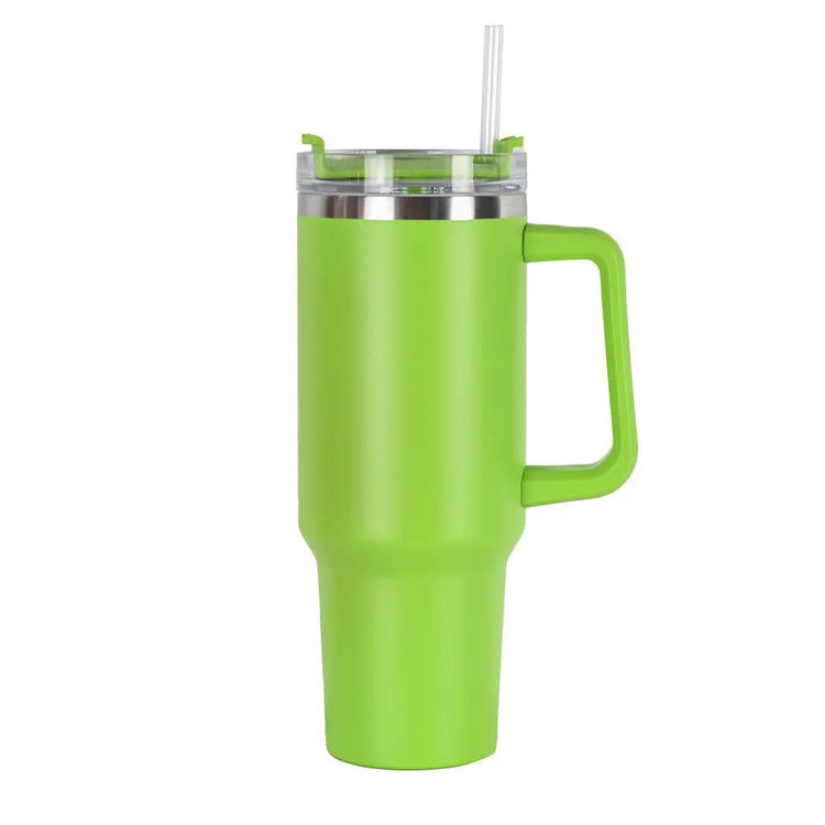 Grön rostfritt stål kaffemugg med handtag och genomskinligt lock med sugrör