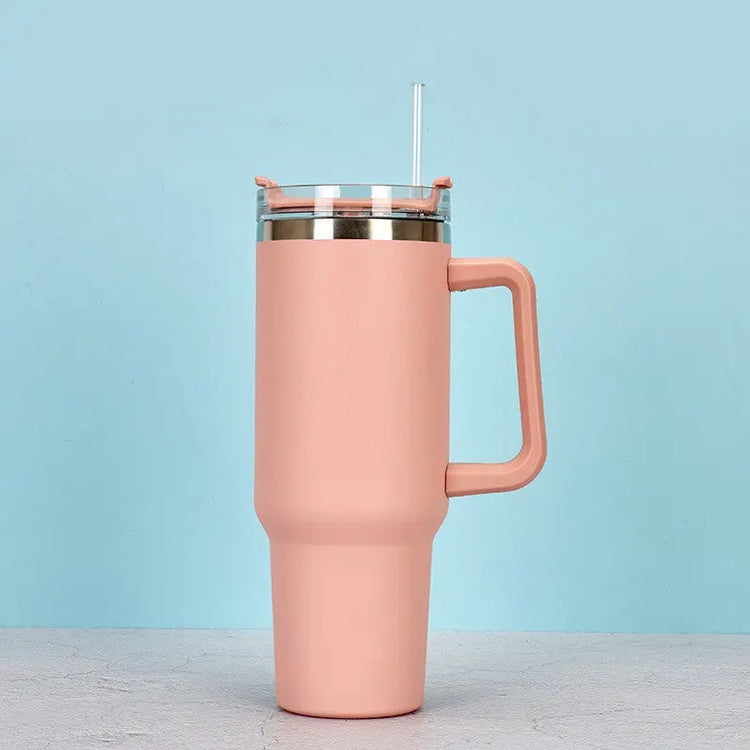 Rosa rostfritt stål kaffemugg med handtag och lock med sugrör för enkel användning