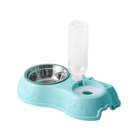 OBA stainless steel pet food and water bowl with blue plastic base and automatic water dispenser