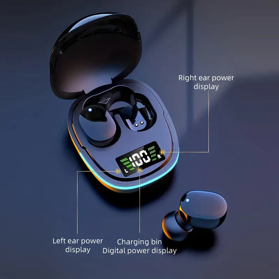 TM wireless sports earbuds with LED display showing left ear, right ear, and charging bin power levels in black case