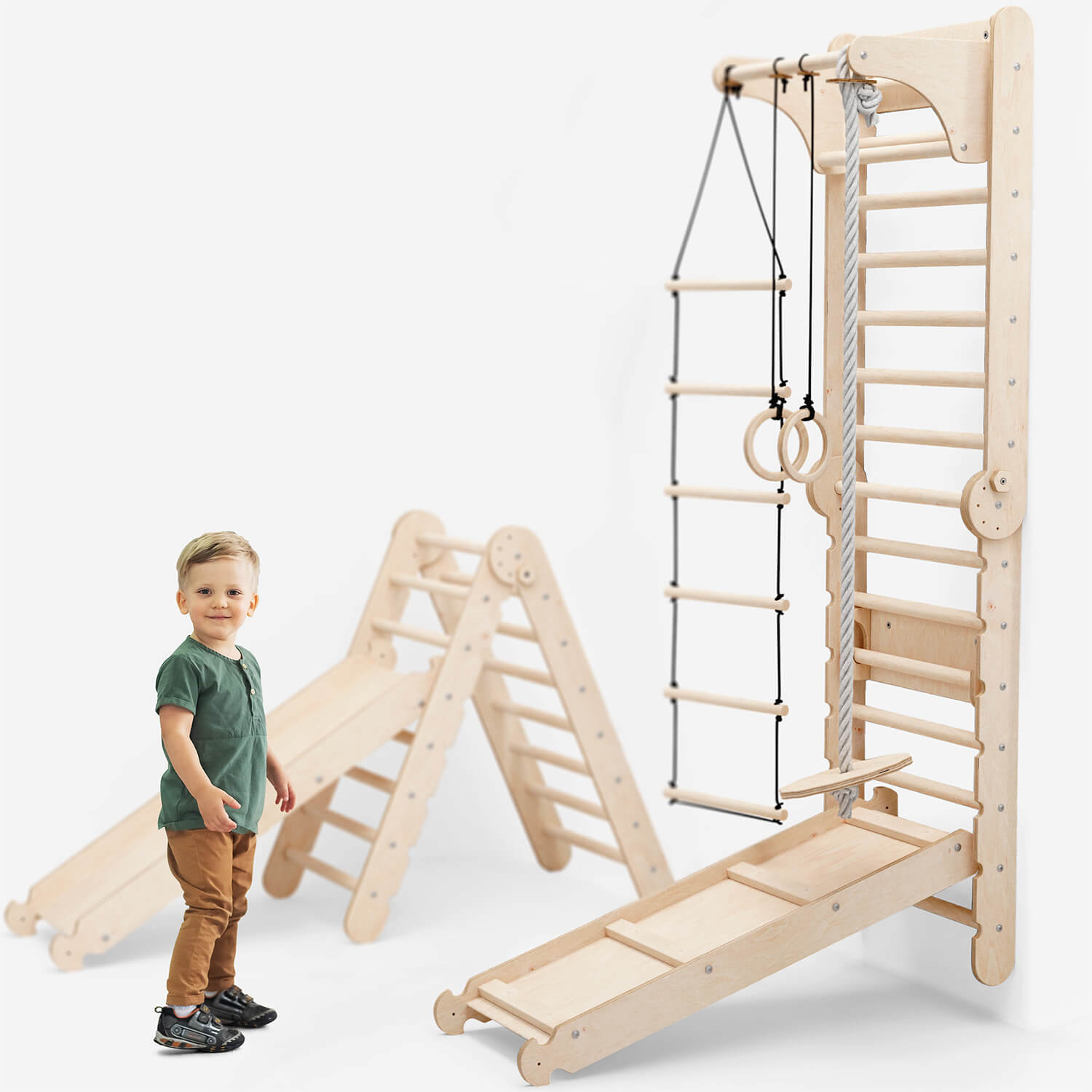Upptäck vår 6-i-1 klättervägg för inomhusbruk! Med ribbstol, gymnastikringar, repstege, discswing, rutschkana och pull-up-stång får barn en komplett lek- och träningsstation hemma Goodevas