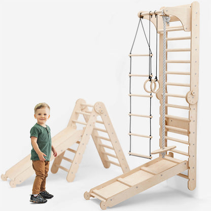 Upptäck vår 6-i-1 klättervägg för inomhusbruk! Med ribbstol, gymnastikringar, repstege, discswing, rutschkana och pull-up-stång får barn en komplett lek- och träningsstation hemma Goodevas