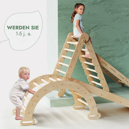 Montessori klätterställning 4-i-1 – beige set med klättertriangel, rutschkana, klätterbåge och klätternät. Säker och rolig inomhuslek för barn 1–7 år Goodevas