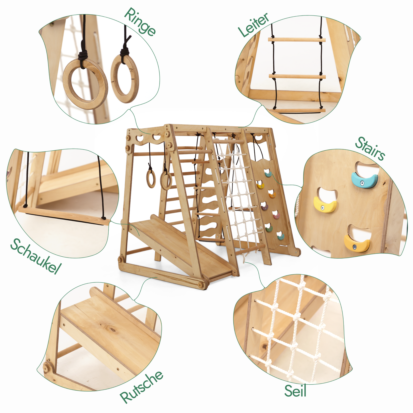 6in1 Indoor-Spielplatz aus Holz für Kinder –  Schaukel, Rutsche, Seil und Treppe Goodevas Deutschland