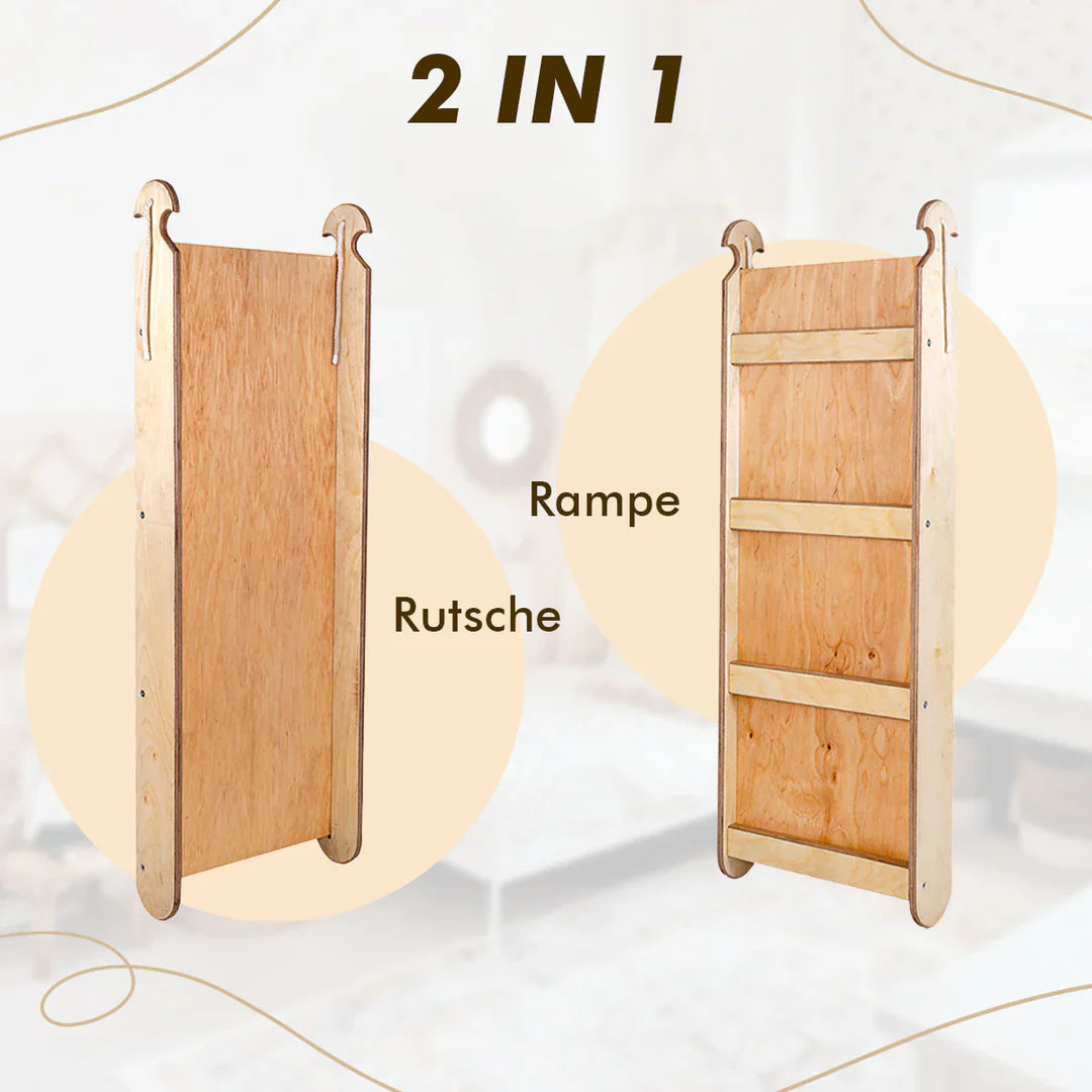 7in1 Montessori Klettergerüst Set: Kletterdreieck, Kletterbogen mit Kissen, Rutsche, Kletternetz, Maltafel und Kinderstuhl, für Kinder 1-7 Jahre – Beige Treeberg GmbH