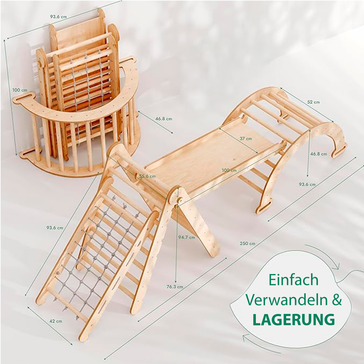 Montessori klätterställning 4-i-1 – beige set med klättertriangel, rutschkana, klätterbåge och klätternät. Säker och rolig inomhuslek för barn 1–7 år Goodevas