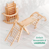 Montessori klätterställning 4-i-1 – beige set med klättertriangel, rutschkana, klätterbåge och klätternät. Säker och rolig inomhuslek för barn 1–7 år Goodevas