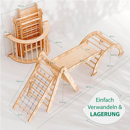 Montessori klätterställning 4-i-1 – beige set med klättertriangel, rutschkana, klätterbåge och klätternät. Säker och rolig inomhuslek för barn 1–7 år Goodevas