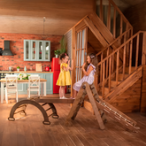 Montessori klätterställning 4-i-1 – beige set med klättertriangel, rutschkana, klätterbåge och klätternät. Säker och rolig inomhuslek för barn 1–7 år Goodevas