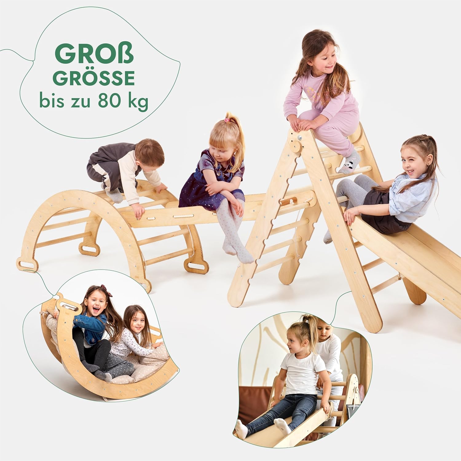 Montessori klätterställning 4-i-1 – beige set med klättertriangel, rutschkana, klätterbåge och klätternät. Säker och rolig inomhuslek för barn 1–7 år Goodevas