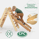 Montessori klätterställning 4-i-1 – beige set med klättertriangel, rutschkana, klätterbåge och klätternät. Säker och rolig inomhuslek för barn 1–7 år Goodevas