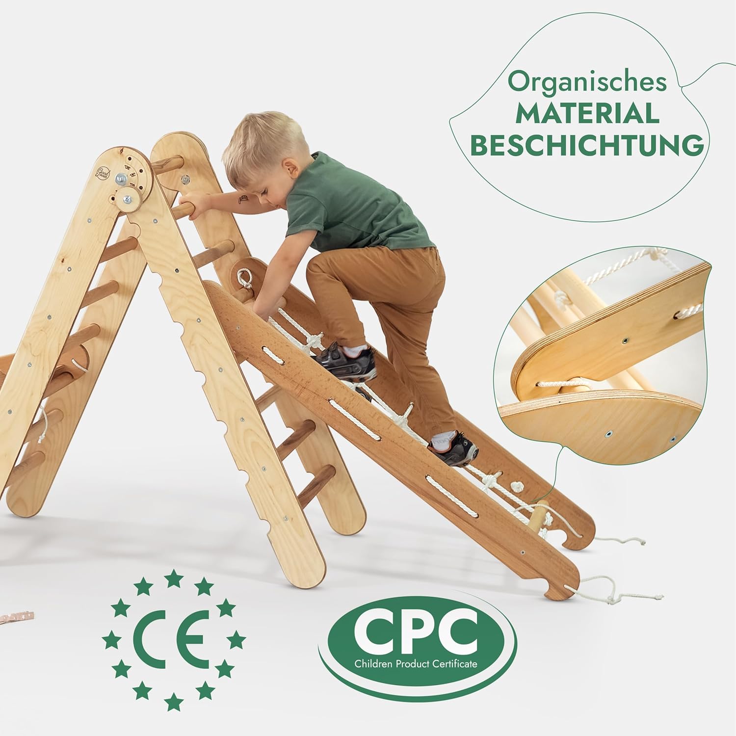 Montessori klätterställning 4-i-1 – beige set med klättertriangel, rutschkana, klätterbåge och klätternät. Säker och rolig inomhuslek för barn 1–7 år Goodevas