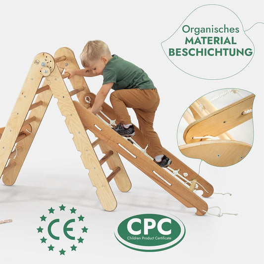 Montessori klätterställning 4-i-1 – beige set med klättertriangel, rutschkana, klätterbåge och klätternät. Säker och rolig inomhuslek för barn 1–7 år Goodevas