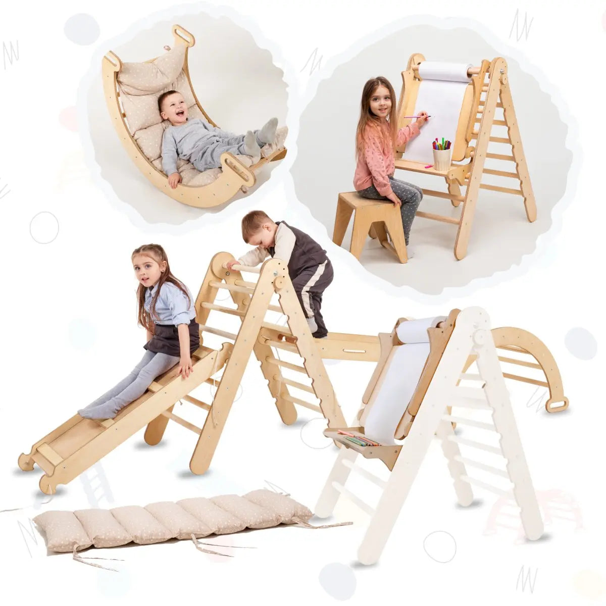 7in1 Montessori Klettergerüst Set: Kletterdreieck, Kletterbogen mit Kissen, Rutsche, Kletternetz, Maltafel und Kinderstuhl, für Kinder 1-7 Jahre – Beige Treeberg GmbH