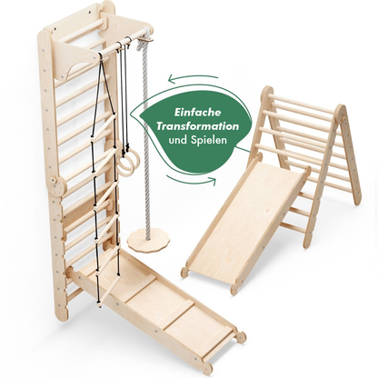 Upptäck vår 6-i-1 klättervägg för inomhusbruk! Med ribbstol, gymnastikringar, repstege, discswing, rutschkana och pull-up-stång får barn en komplett lek- och träningsstation hemma Goodevas