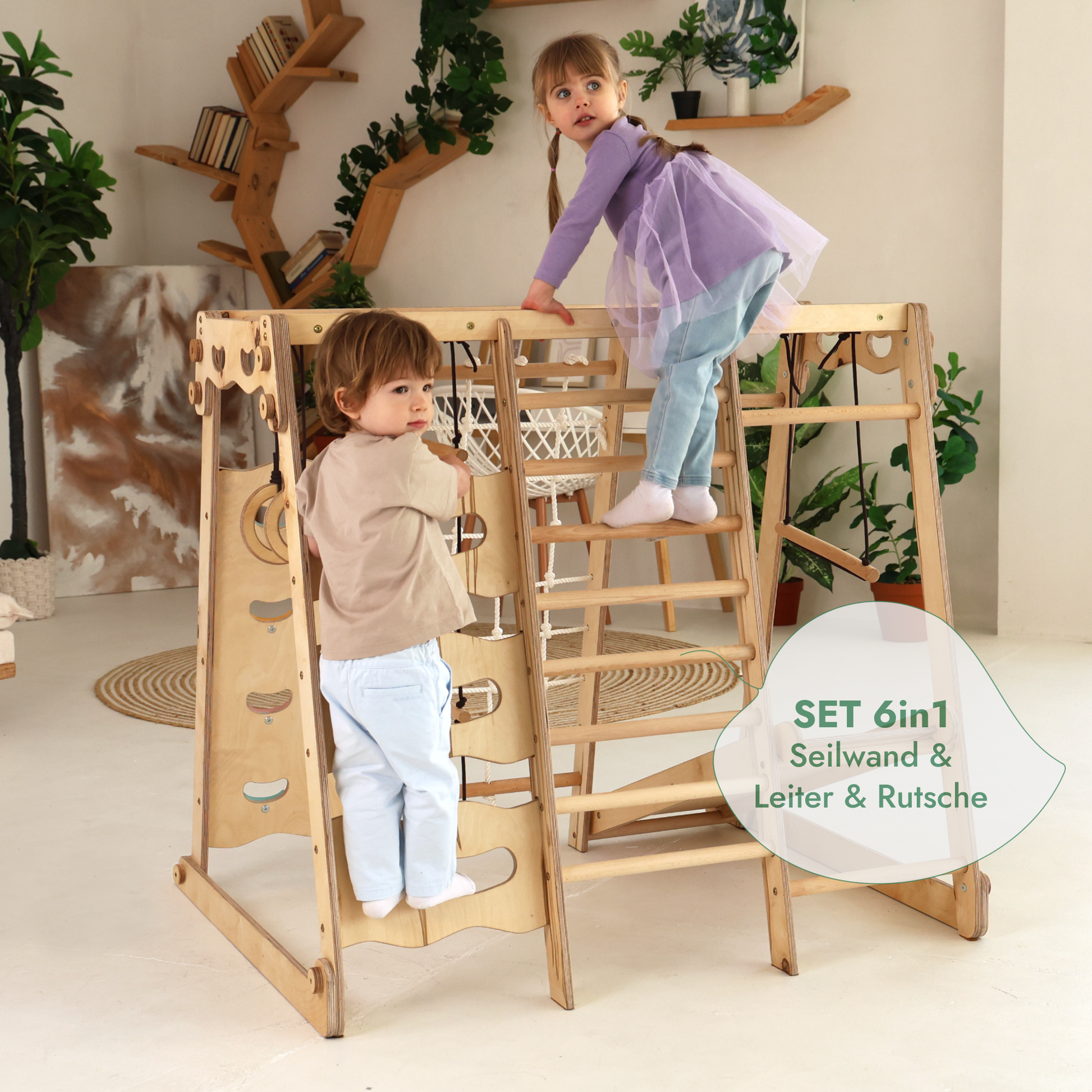 6in1 Indoor-Spielplatz aus Holz für Kinder –  Schaukel, Rutsche, Seil und Treppe Goodevas Deutschland