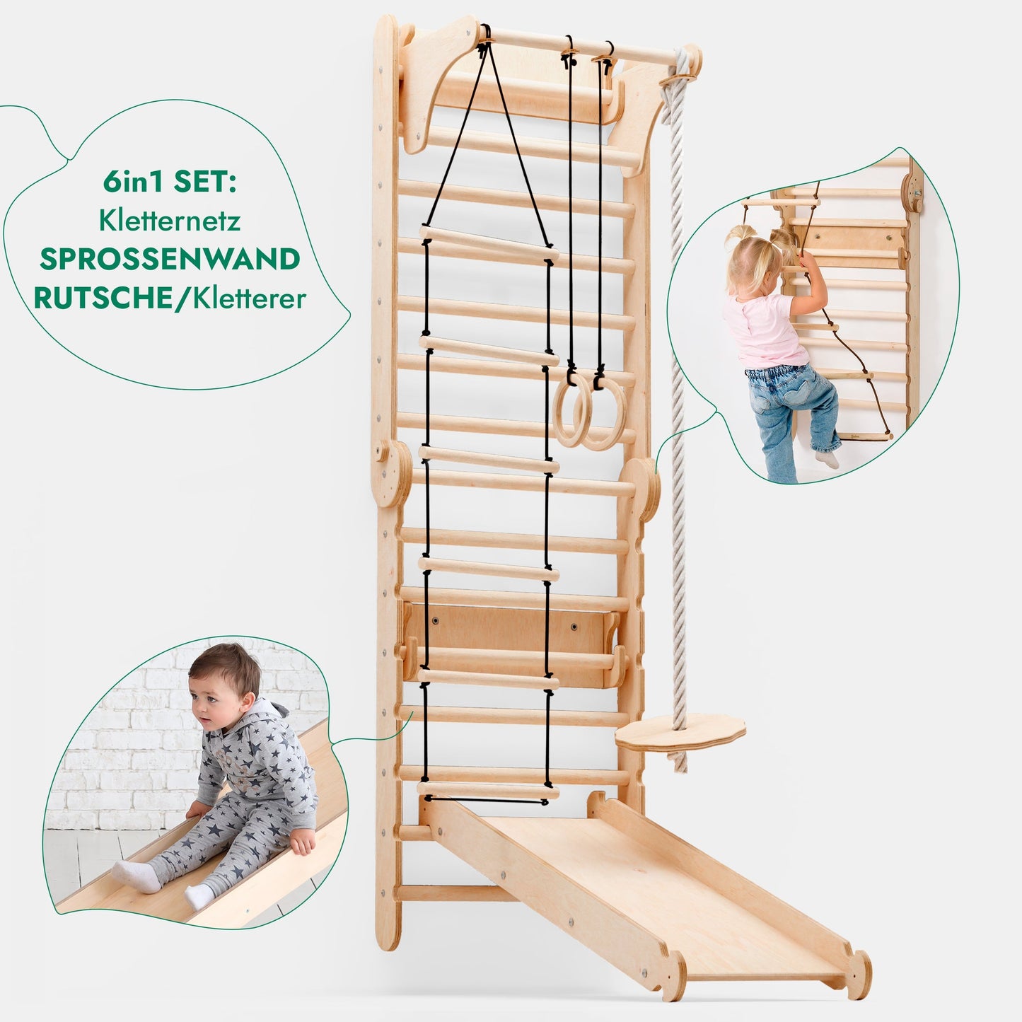 Upptäck vår 6-i-1 klättervägg för inomhusbruk! Med ribbstol, gymnastikringar, repstege, discswing, rutschkana och pull-up-stång får barn en komplett lek- och träningsstation hemma Goodevas