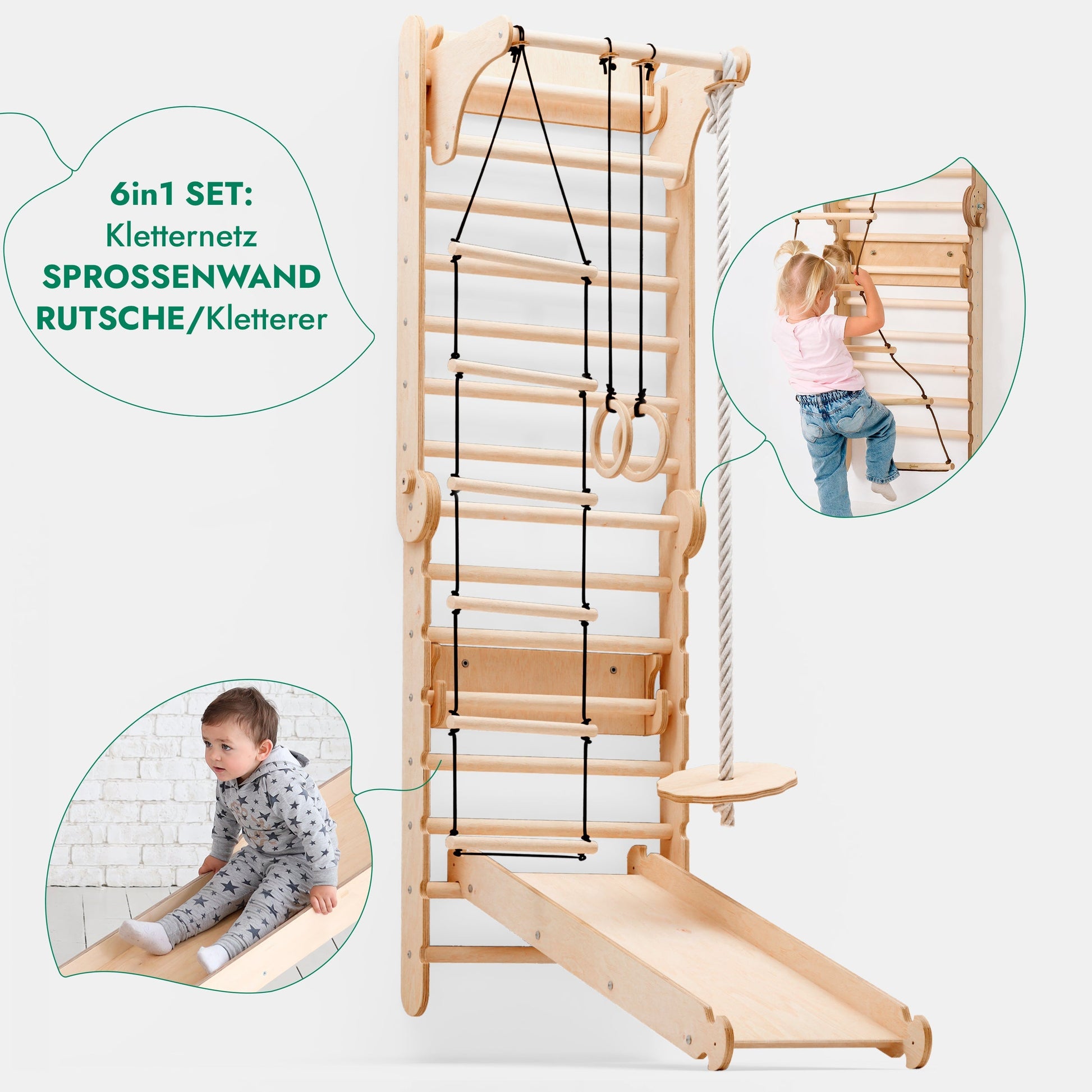 Upptäck vår 6-i-1 klättervägg för inomhusbruk! Med ribbstol, gymnastikringar, repstege, discswing, rutschkana och pull-up-stång får barn en komplett lek- och träningsstation hemma Goodevas