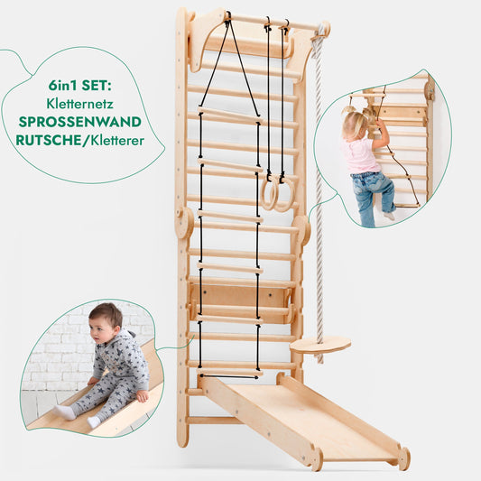 Upptäck vår 6-i-1 klättervägg för inomhusbruk! Med ribbstol, gymnastikringar, repstege, discswing, rutschkana och pull-up-stång får barn en komplett lek- och träningsstation hemma Goodevas