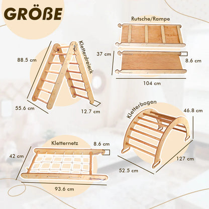 7in1 Montessori Klettergerüst Set: Kletterdreieck, Kletterbogen mit Kissen, Rutsche, Kletternetz, Maltafel und Kinderstuhl, für Kinder 1-7 Jahre – Beige Treeberg GmbH