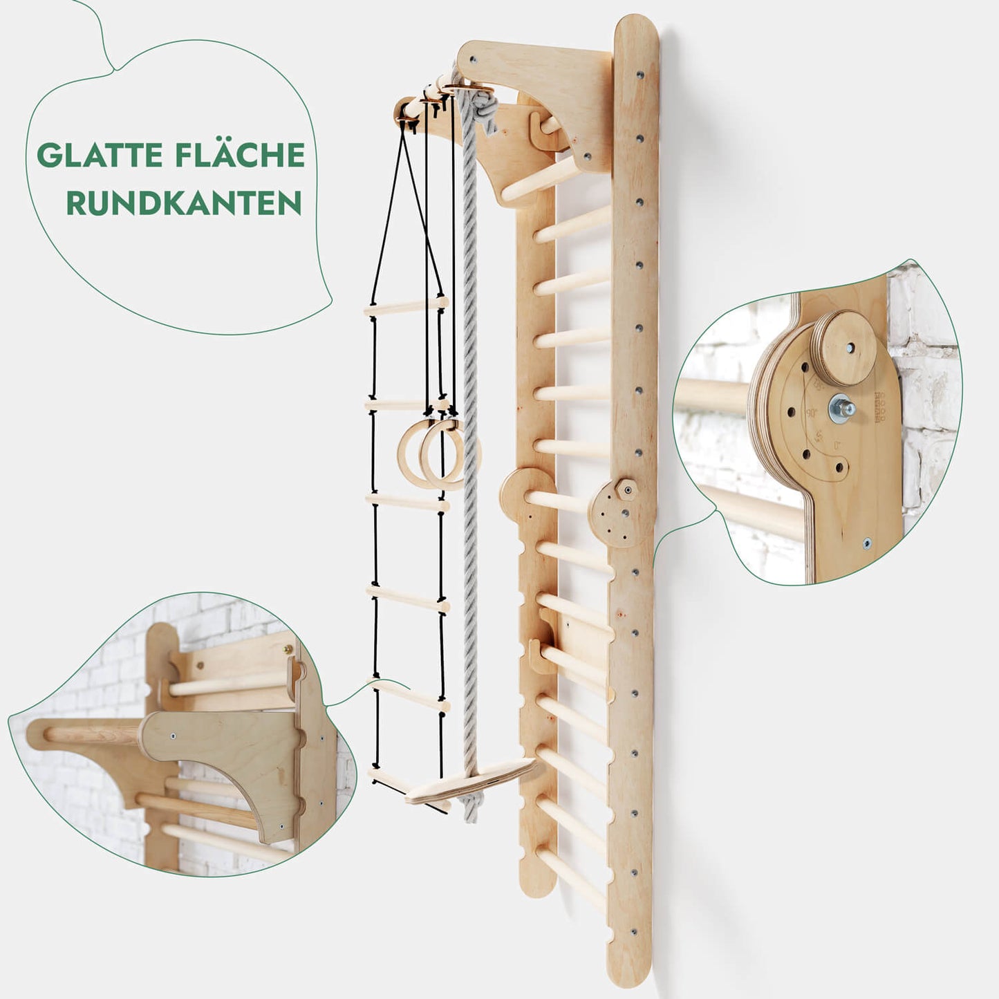 Upptäck vår 6-i-1 klättervägg för inomhusbruk! Med ribbstol, gymnastikringar, repstege, discswing, rutschkana och pull-up-stång får barn en komplett lek- och träningsstation hemma Goodevas