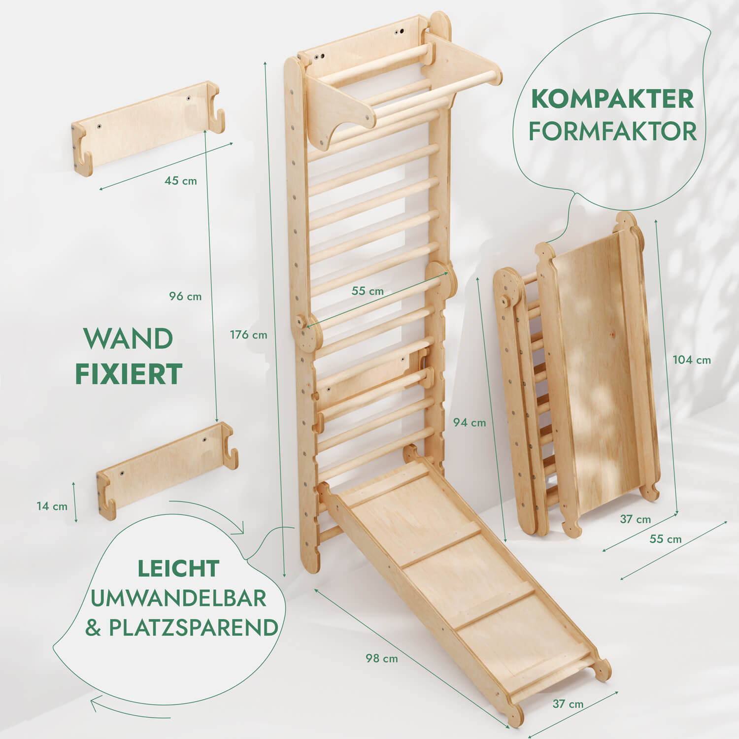 Upptäck vår 6-i-1 klättervägg för inomhusbruk! Med ribbstol, gymnastikringar, repstege, discswing, rutschkana och pull-up-stång får barn en komplett lek- och träningsstation hemma Goodevas