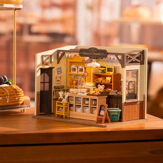 DIY miniatyrhus barn bakery set från Dropshipman med detaljerad inredning och små möbler