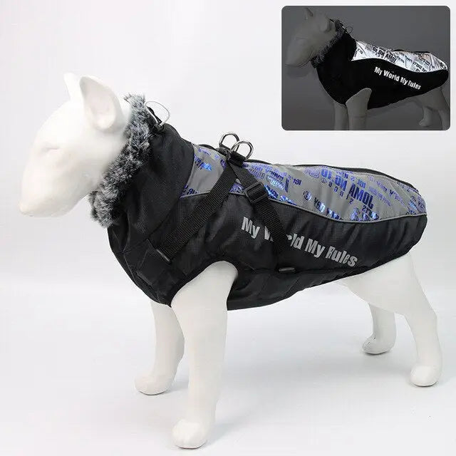 Thick Dog Coat Clothes Reflective Dogs Harness Clothes Vest Waterproof Pet Clothing With Fur Collar Large Dogs Jacket Outfit Vimost Shop