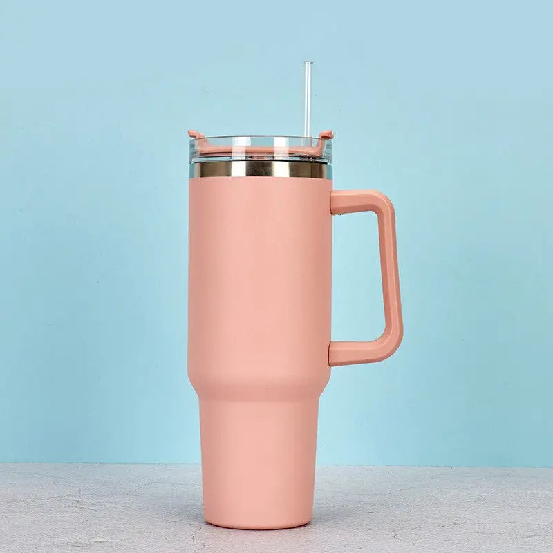 Rosa rostfritt stål kaffemugg med handtag och lock med sugrör för enkel användning