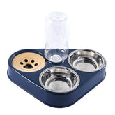 OBA stainless steel pet food and water bowl set with a blue base and built-in water dispenser