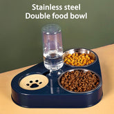 OBA stainless steel pet food and water bowl with double food compartments and water dispenser