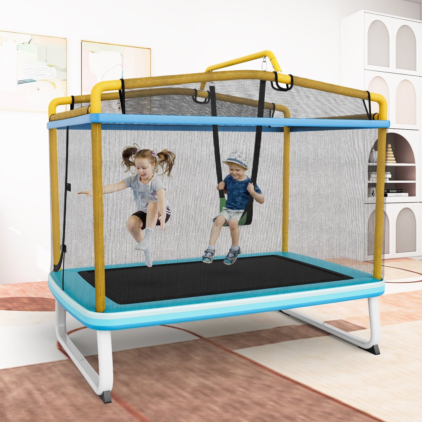 NNECW 3-in-1 Rectangle Trampoline for Kids with Swing &amp Horizontal Bar-Yellow NNECW
