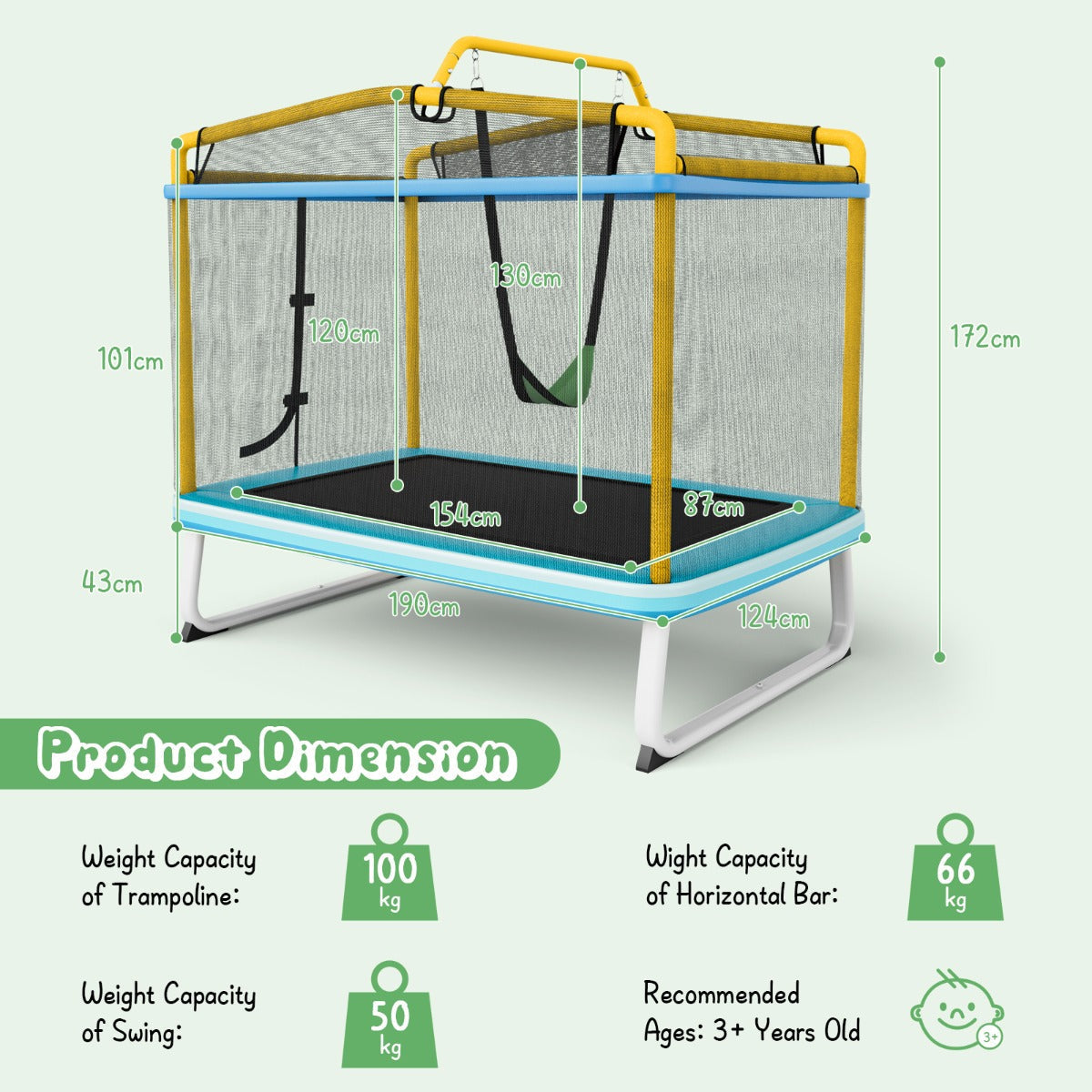 NNECW 3-in-1 Rectangle Trampoline for Kids with Swing &amp Horizontal Bar-Yellow NNECW