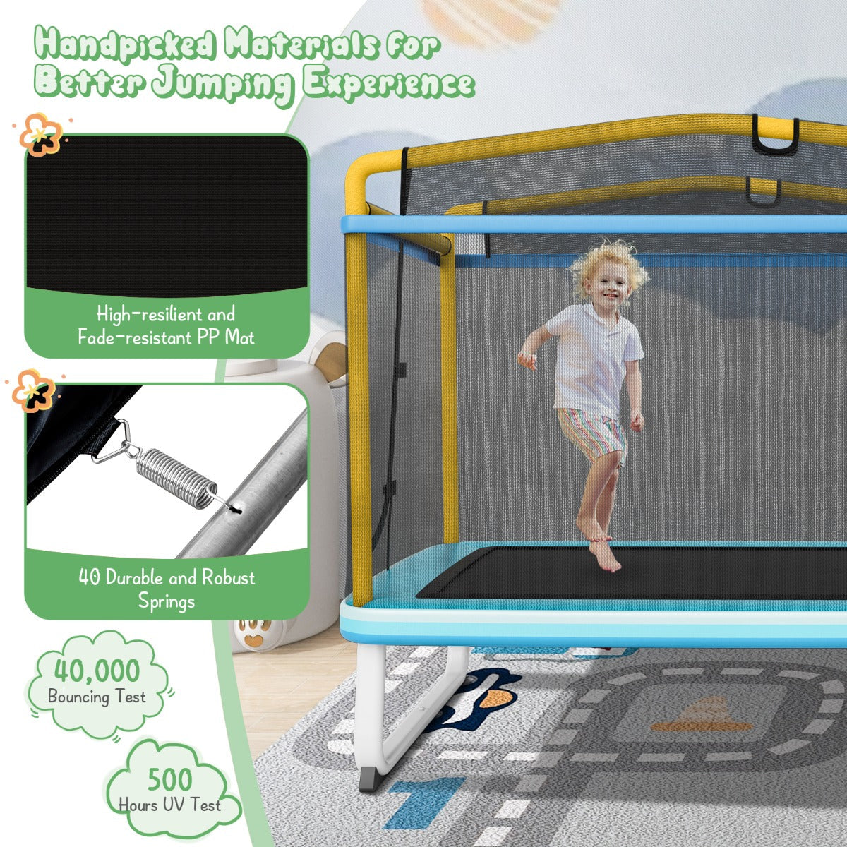 NNECW 3-in-1 Rectangle Trampoline for Kids with Swing &amp Horizontal Bar-Yellow NNECW